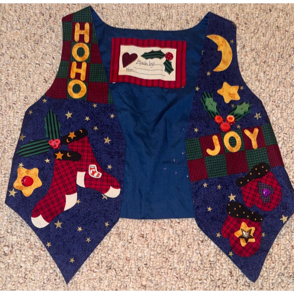 Handmade Vintage Christmas Vest Womens XS Cropped Navy Blue Snowman Joy HoHo